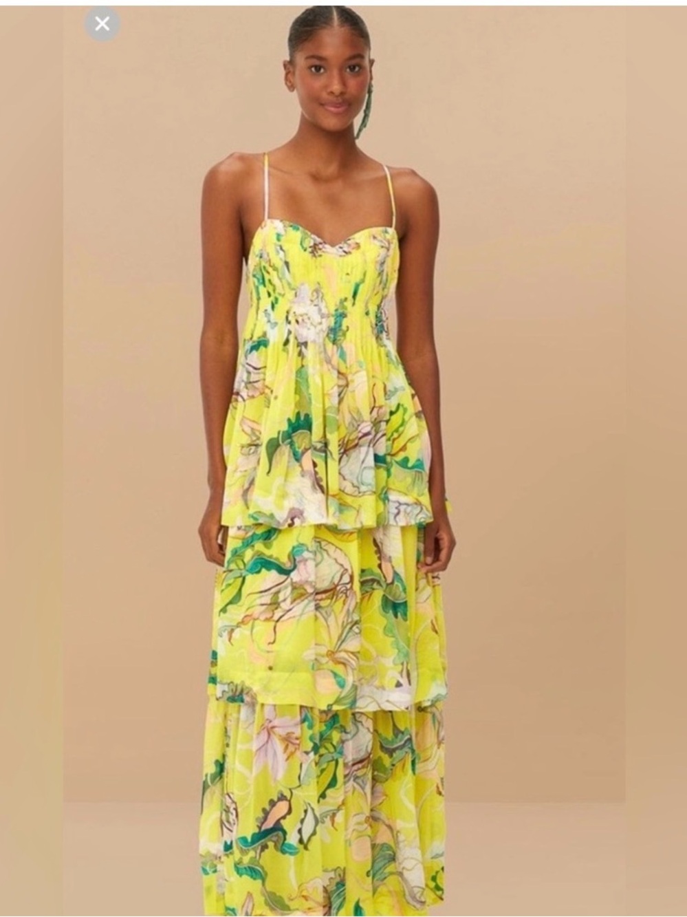 FARM Rio Yellow Floral Tiered Spaghetti-Strap Maxi Dress